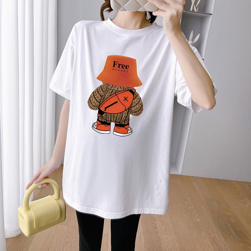 

Korean Style Bear Print Maternity T-Shirt Set - Summer 2026 Loose Mid-Length White Top L [57.5-67.5 kg]