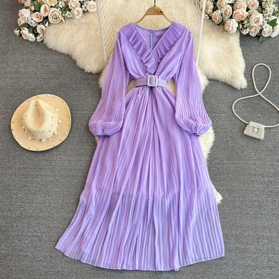 Vintage Spring Autumn Dresses V-neck Pleated Bubble Long Sleeve Robe Ruffle Gathered Waist A-line Beach Dress