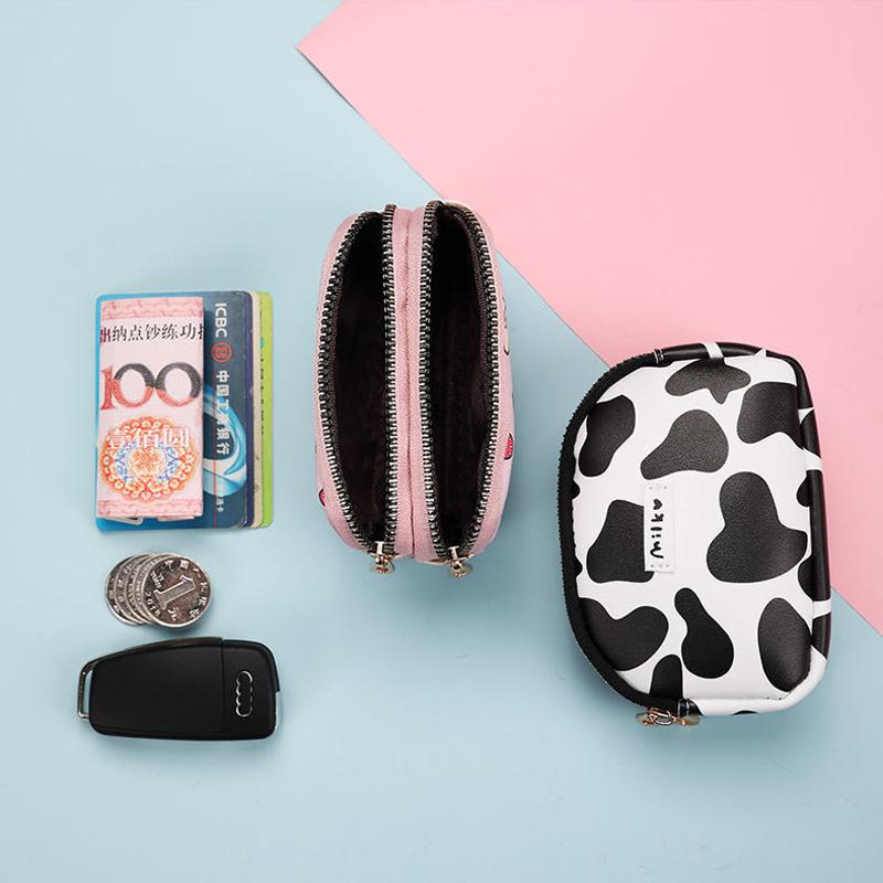 Cute Cow Pattern Coin Purse for Women Card Wallet Students Double Pocket Zipper Key Bag Portable Lipstick Bank Card Bag