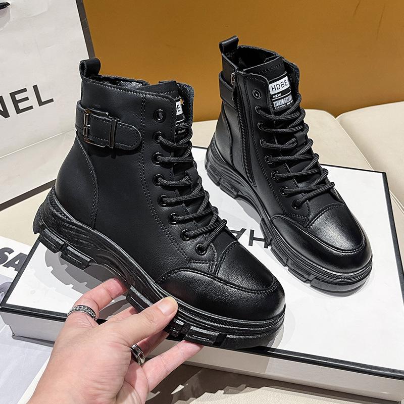 Модная обувь осень-зима кожаная мода для женщин толстая подошва высокие ботильоны брендовая женская повседневная спортивная обувь на шнуровке 35 чёрный 2600₽