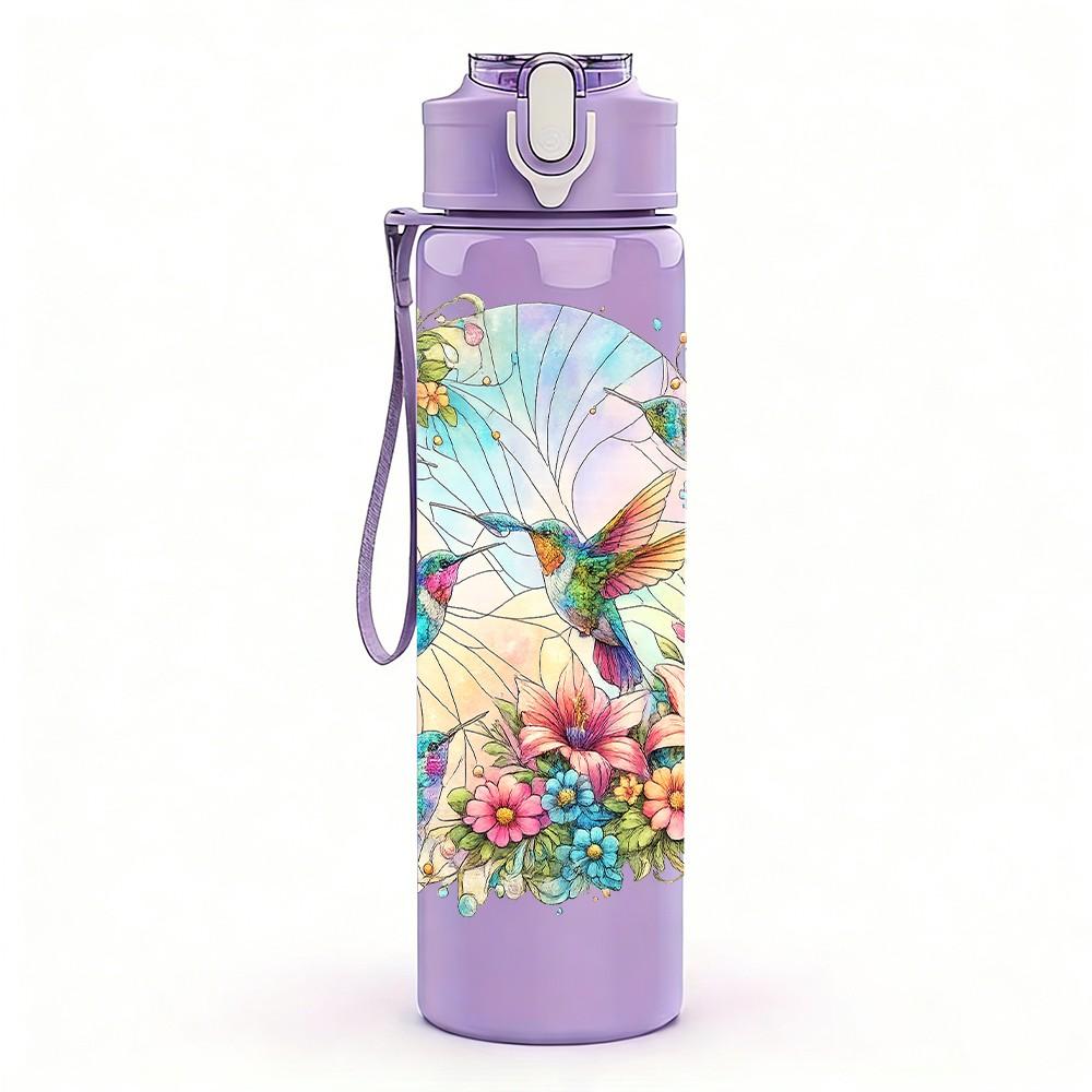 1PC Colorful Bird Butterfly Floral Print 750ml Color Plastic Sports Water Bottle Leakproof Flip Straw Lid Suitable for Sports Office Home Use