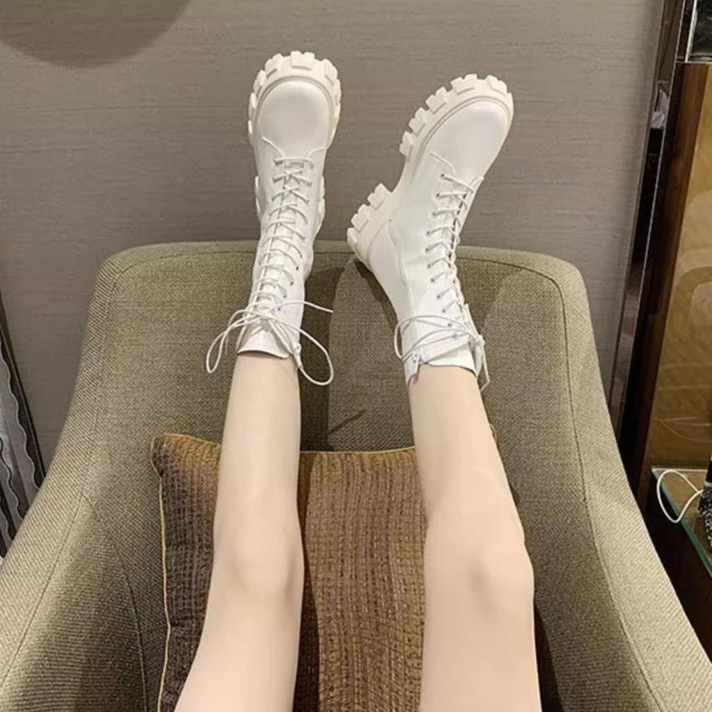 Height Increase Platform with Laces Leather Mid Calf Shoes Woman Spring Autumn New In Demi-season Hot Half High Boots for Women