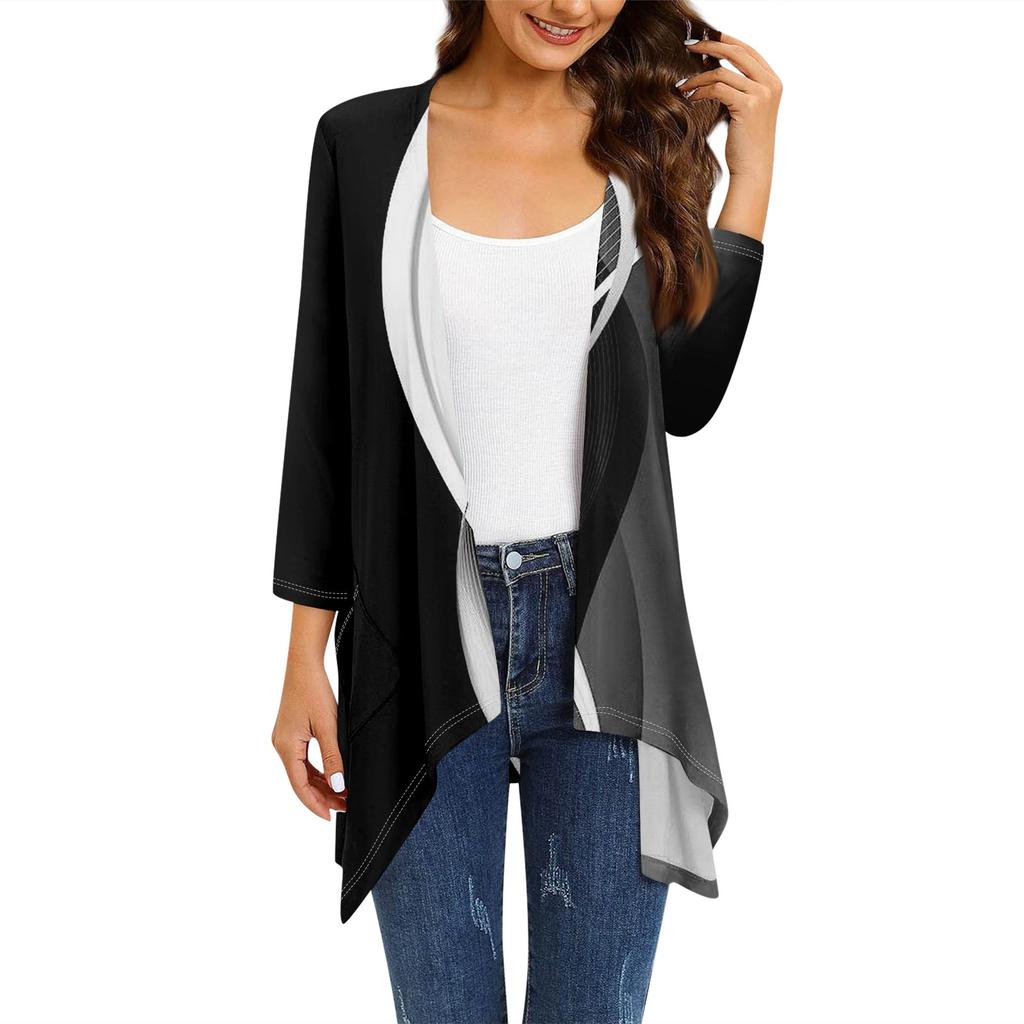 3/4 Sleeve Womens Vintage Graphic Printed Cardigan Sweater Open Front Knit Lightweight Cardigan Sweater With Pockets