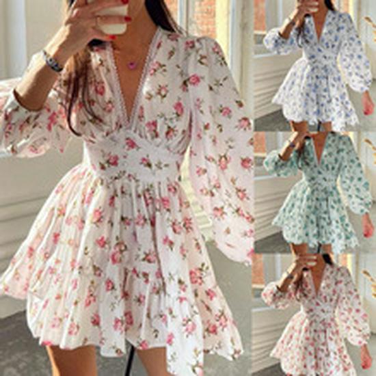 Elegant Sweet Floral V-neck Lace Short Dress - European & American Spring 2026 Collection