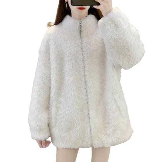 Winter Lady Coat Thickened Double-sided Faux Fleece Solid Color Stand Collar Neck Protection Letter Decor Long Sleeves Keep Warm Outdoor Travel Jacket