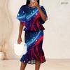 Women Plus Size Two Piece Skirt Set Round Neck Batwing Sleeve Galaxy Printed Ruffle Hem Top Fishtail Skirt