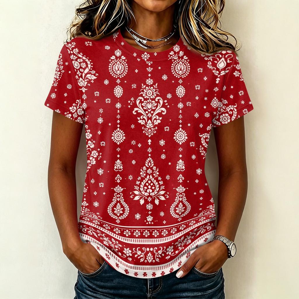 Women's Casual Pullover T-Shirt Short Sleeve Crew Neck Geometric Print Top Lightweight Comfortable Fit for Everyday Wear