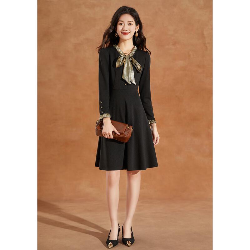 Kebeier 2025 New Autumn Long-Sleeve Black Bow Collar A-Line Dress