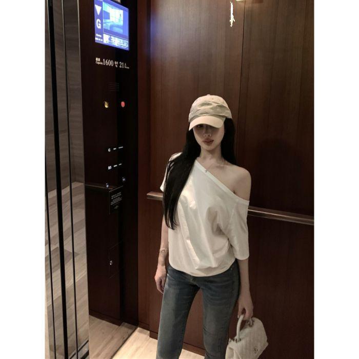 Damen Off-Shoulder Graues Kurzarm-T-Shirt - Lässig, Locker und Einfaches Sommeroberteil