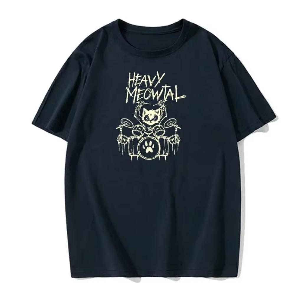 Heavy Cat Metal Music Gift Ideas Funny Pet Owner T-Shirts Latest Print Tops Shirts Cotton Round Neck Versatile T-Shirts