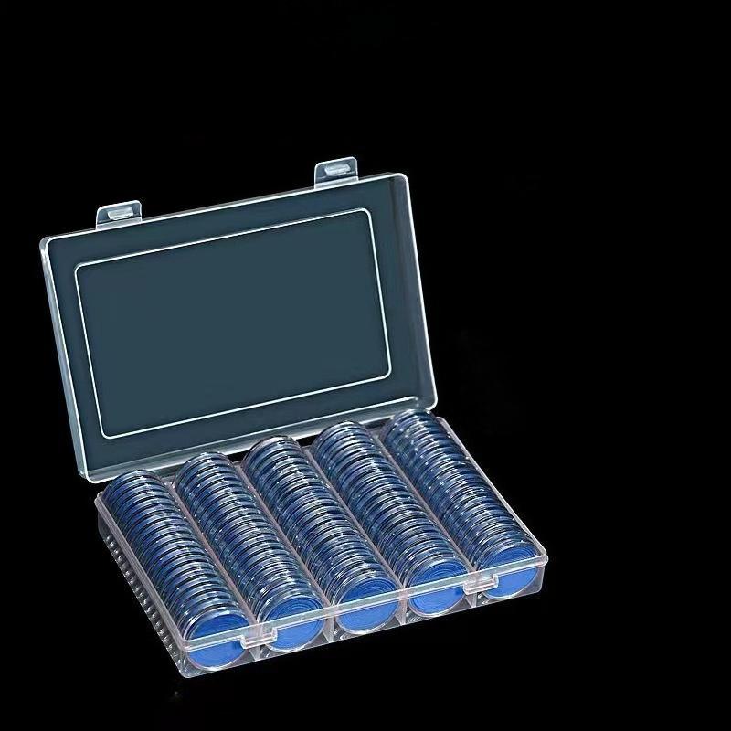 100 Stuks Muntcapsule Hoesje en Verstelbaar (17/20/25/27/30mm) Beschermende Zwarte Pakking Munt Houder met Plastic Opberg Organizer Doos