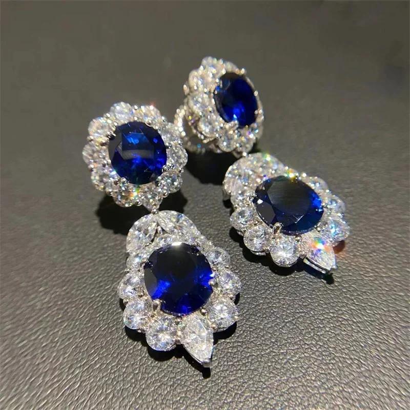 Luxury Blue Cubic Zirconia Dangle Earrings for Women Engagement Wedding Accessories Gorgeous Lady's Ear  Zircon