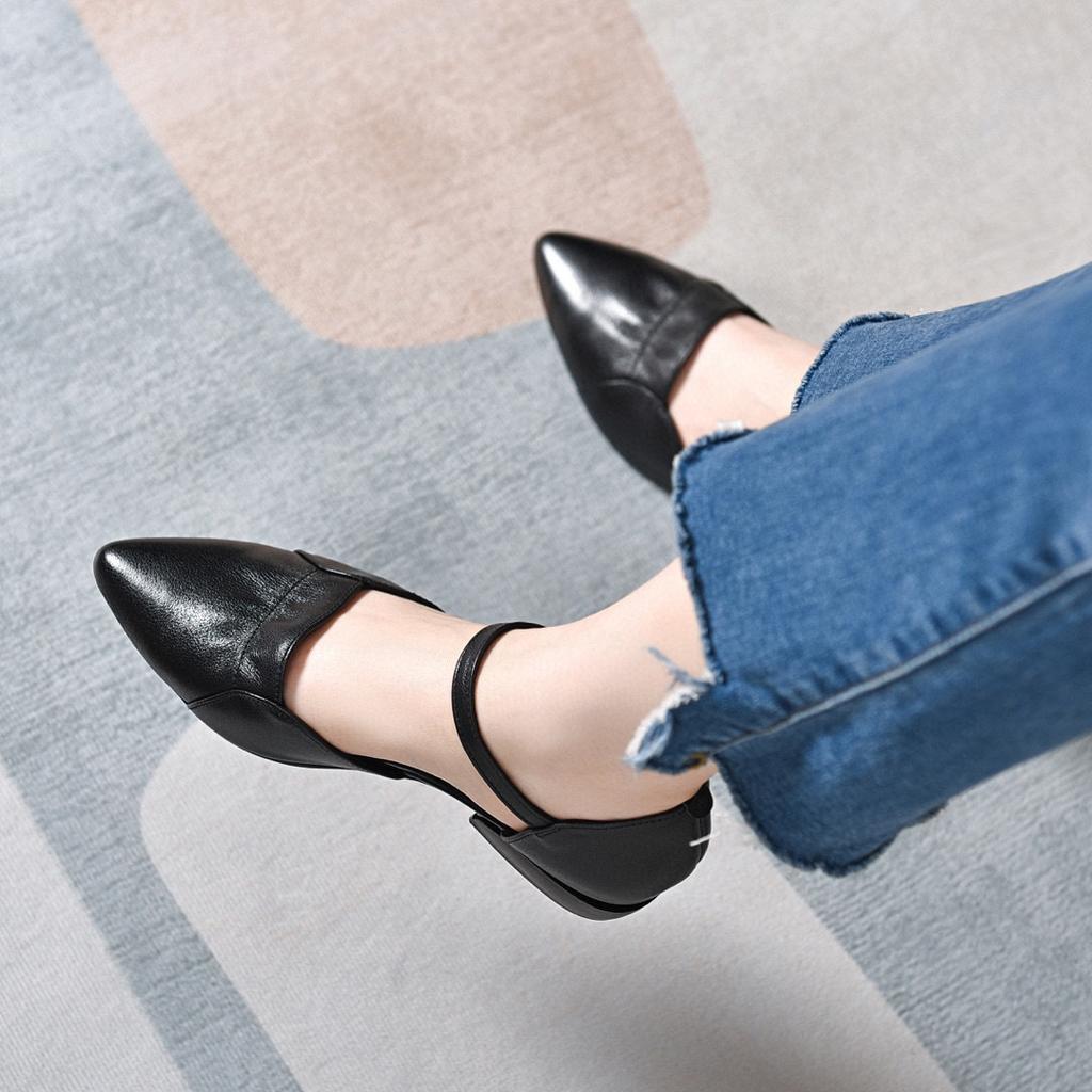 Hollow sandals 2025 summer new ruffle edge pointed head with thick heel middle heel first layer cowhide women's sandals