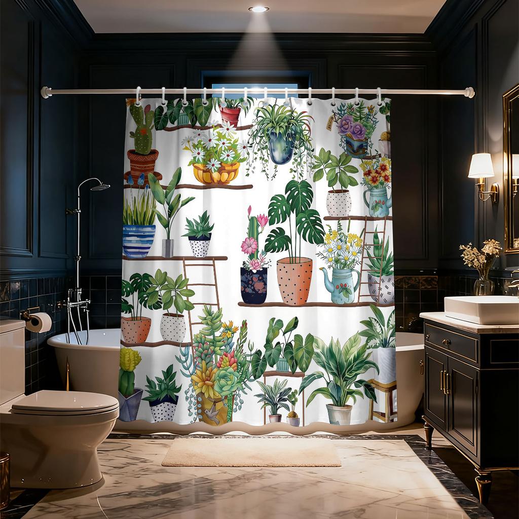 1Pc Green Plant Flower Pot Print Shower Curtain Multiple Size Partition Privacy Hanging Curtain 12 Hook Home Bathroom Decoration
