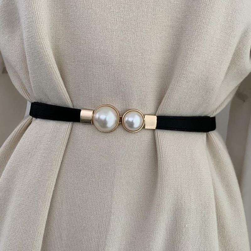 Elegant Double Pearls Buckle Elastic Women Belts Thin Straps Lady Girl Dress Skirt Decor Waistbands Trouser Dress Decoration