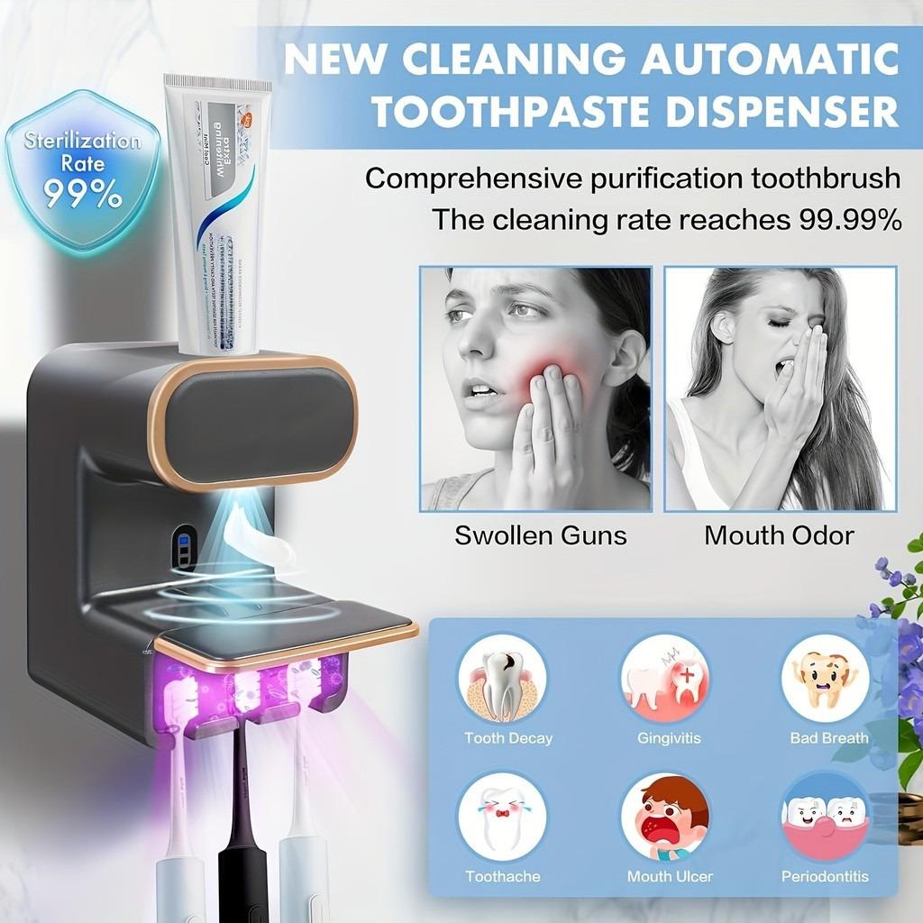 Automatic Toothpaste Dispenser Wall Mounted UV Sterilization Toothbrush Holder Smart Sensor Toothbrush Storage Holder