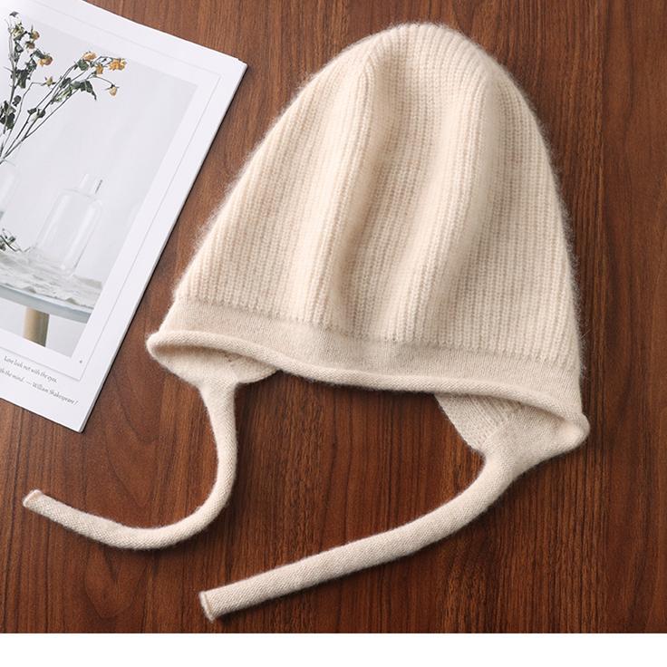 Women's Large Pure Wool Knitted Hat with Ear Protection - Warm, Thick, and Versatile for Autumn and Winter