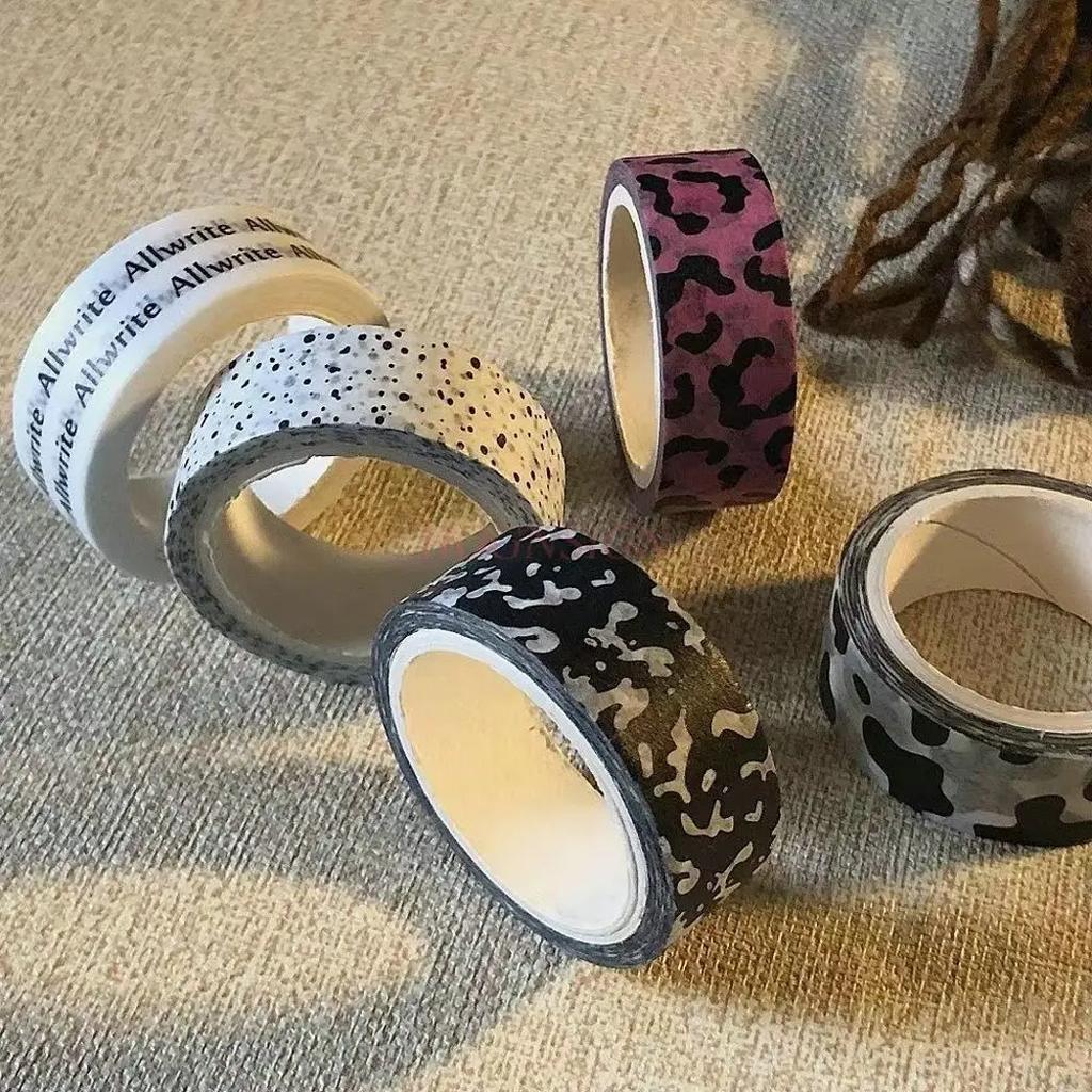 5rolls Minimalist and paper tape, black and white cow hand account photo decoration sticker, leopard print dot stickers