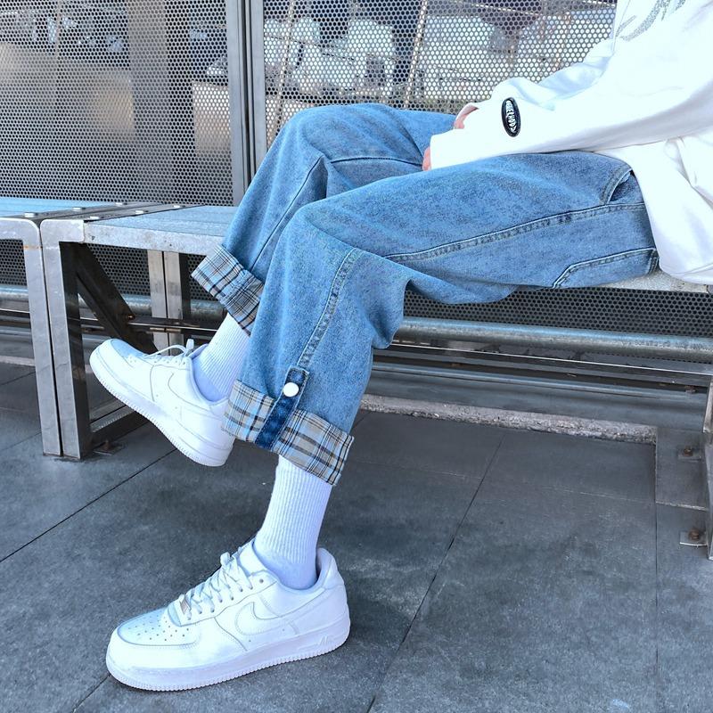 Джинсы для пары JYL Американский винтаж Повязка Зеленые Прямые джинсовые брюки S