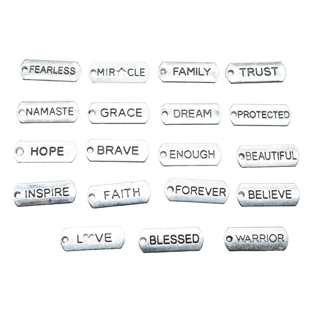 10 stuks Woord Tags Hanger Bedels Antiek Zilverkleur Gezegend Geloof Geloof Vertrouwen Familie Namaste Onbevreesd Droom Hoop Bedels