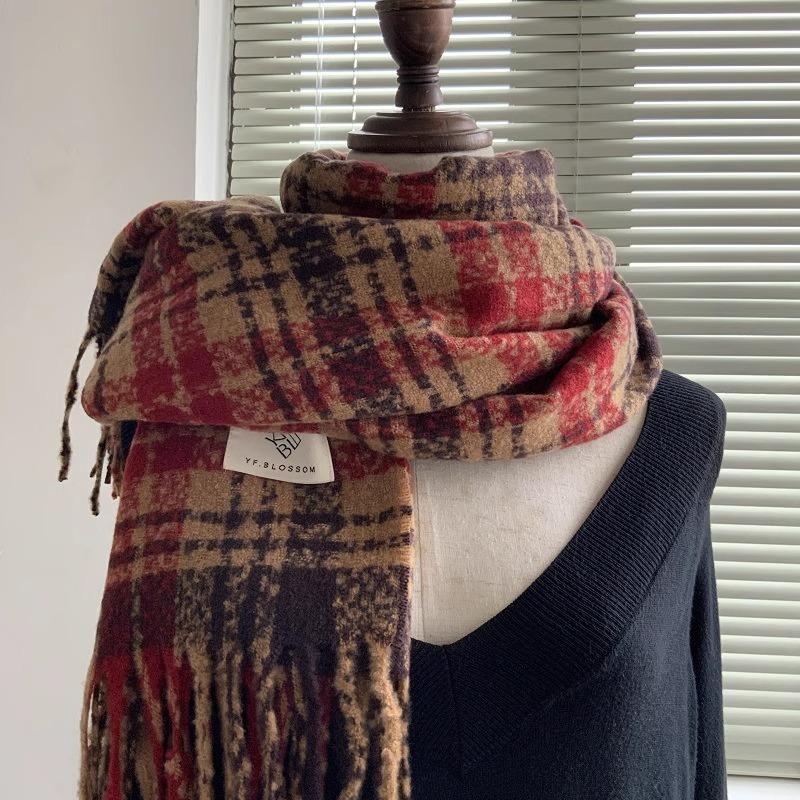 Plaid Scarf Women's Autumn and Winter New Dry Rose Pink Atmosphere Sense Advanced Sense Versatile Thickened Scarf