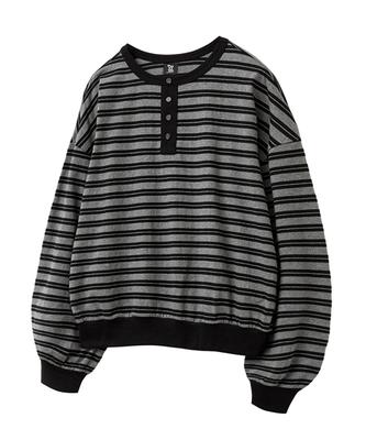 LIKE THE MOST Striped Henley Neck Oversized Long Sleeve Sweatshirt_Charcoal