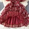 Summer Lace Hook Flower Embroidered Bubble Sleeve Dress for Womenfashion Slim Waist Dress Female A-line Cake Party Retro Dress