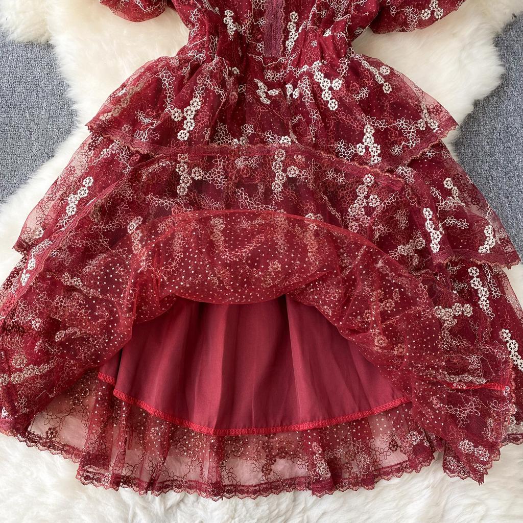Summer Lace Hook Flower Embroidered Bubble Sleeve Dress for Womenfashion Slim Waist Dress Female A-line Cake Party Retro Dress