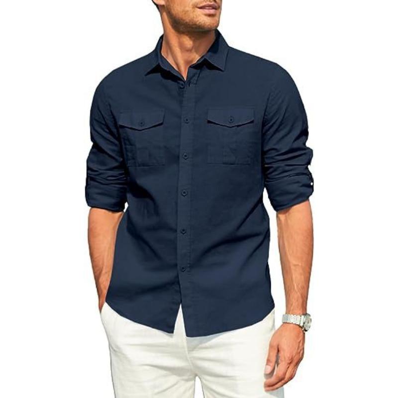 Men's Shirt with Double Pockets Cotton Linen Long Sleeved Shirt Casual Vacation Shirt