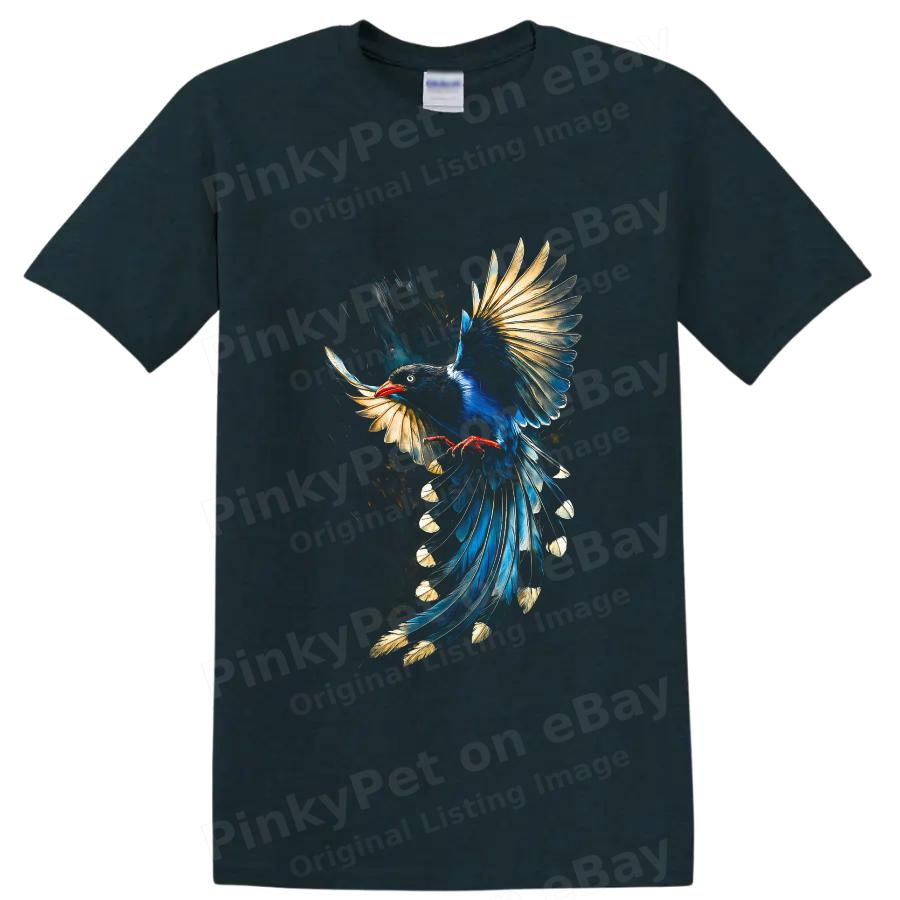 Camiseta Pájaro Urraca en Vuelo Azul Dorado Pluma Arte Amante de la Naturaleza Camiseta Gráfica