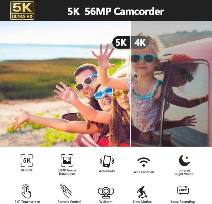 5K Camcorder - 56MP - IR Night Vision - 3" Rotating Touchscreen - WiFi
