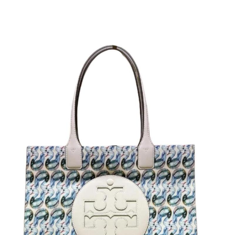 Tory Burch Ella Double T Logo Print Fabric Tote Bag Women Tote Swan-White 170612-400