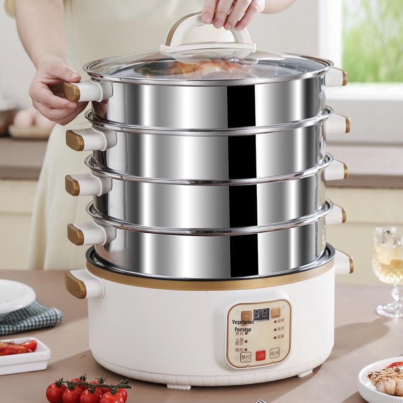 Vaporiera Elettrica a Tre Piani: Multifunzionale, Spegnimento Automatico, Grande Capacità, Timer, Pentola Elettrica Multi-livello, Cestello per Cottura a Vapore