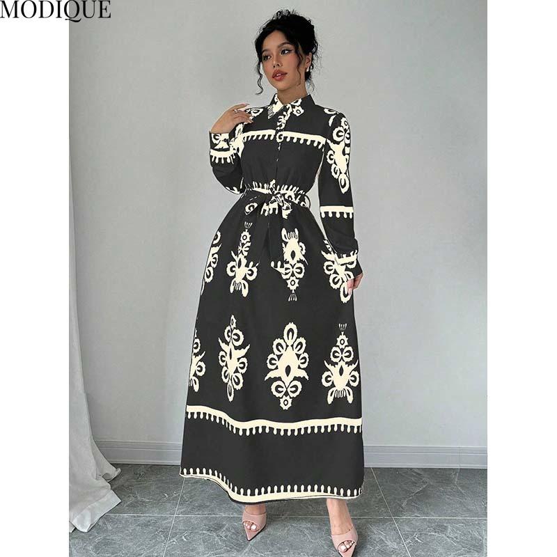 

MODIQUE 2025 Весна Новое женское элегантное платье с принтом и эластичным поясом на талии, длинное женское повседневное платье А-силуэта с длинным рукавом XL чёрный