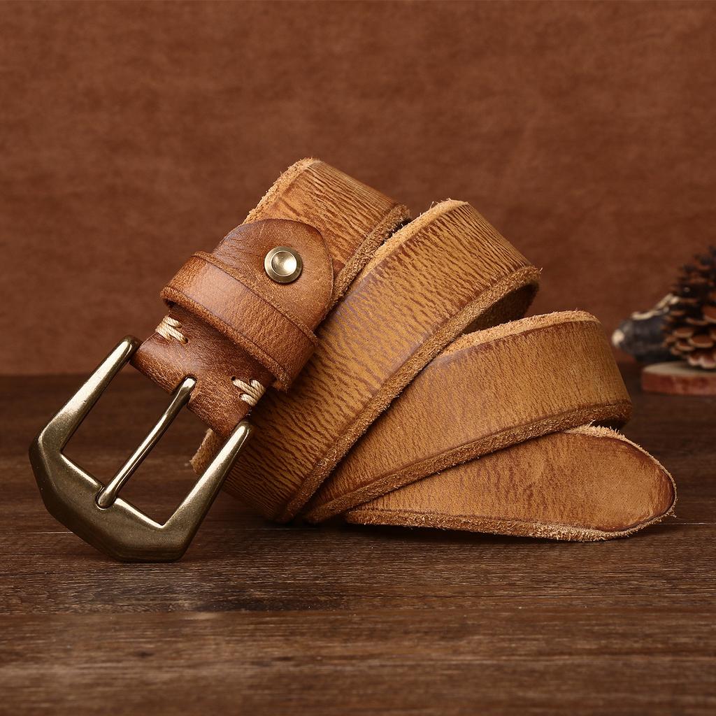 Thickened large copper buckle extra thick beveled edge retro matte leather belt men's first layer cowhide casual belt