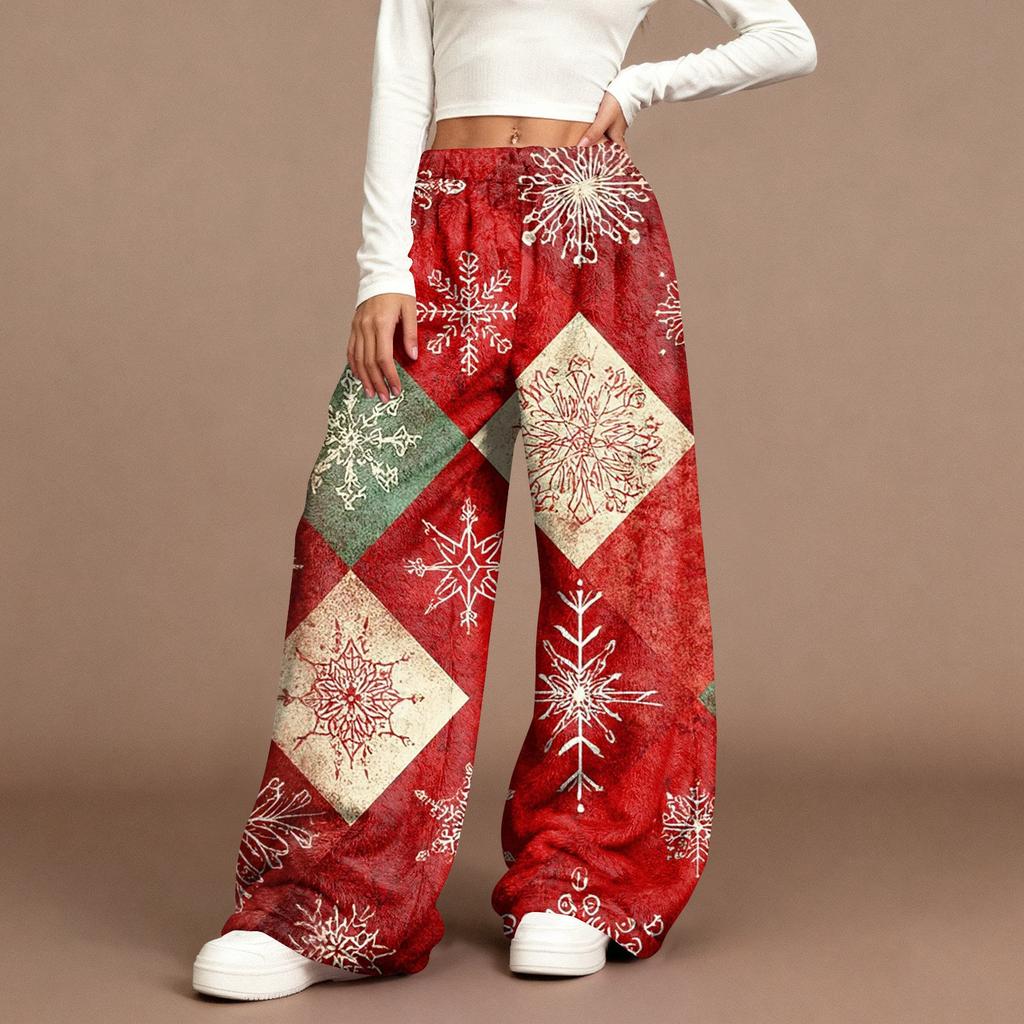 Women's Casual Fashion Christmas Print Elastic Waist Loose Plush Wide Leg Pants