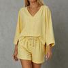 Women's Loose Fit V Neck Long Sleeve Top and Drawstring Waist Shorts Two Piece Set Lightweight Striped Lounge Wear Casual Outfit