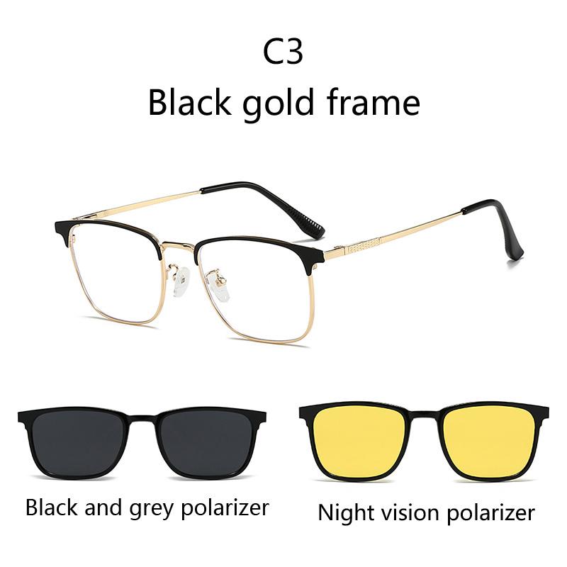 Modische Metall-Halbrahmen Drei-in-Eins Modebrille Business Flache Brille Blaulichtfilter Mit Polarisationsclips Nachtsicht