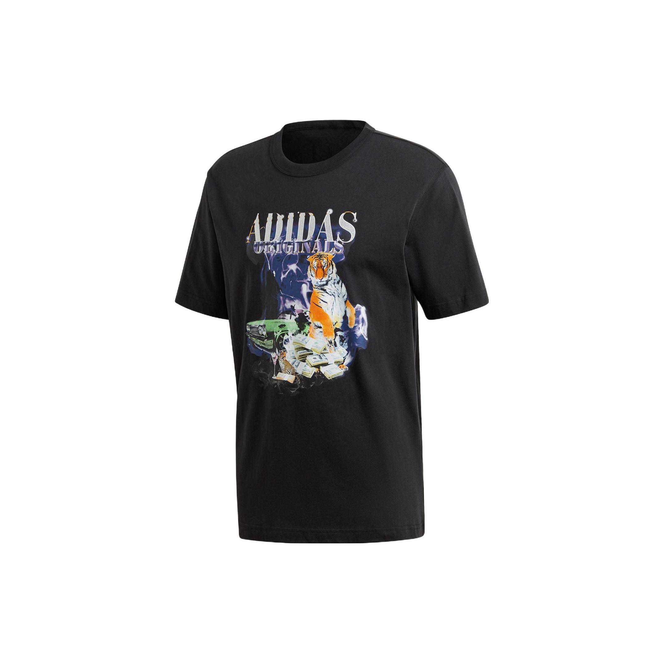 Men s adidas originals TIGER Pattern Printing Round Neck Pullover Short Sleeve Black T-Shirt GD9325 S