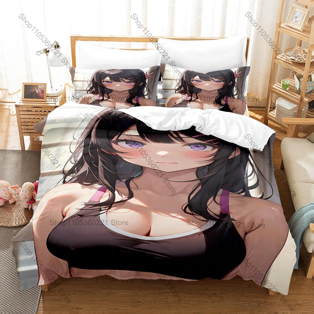 Sakurajima Mai Bedding Set 3Pcs Black Hair Anime Girl Pattern Soft Microfiber For Otaku Fans All Season Bedding
