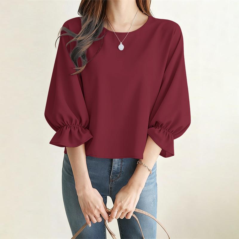 ZANZEA Women Casual Round Neck Solid Color 3/4 Sleeve Loose Blouse