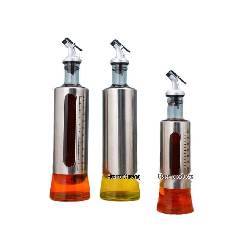 ZISIZ Kitchen Stainless Steel Oil Pot & Glass Seasoning Bottle Set