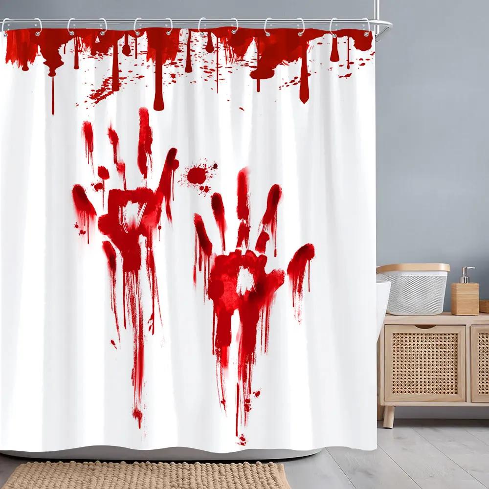 Strašidelné krvavé otisky rukou Halloweenský sprchový závěs Strašidelný stín Krev Netopýr Vana Polyesterové sprchové závěsy Koupelnová dekorace s háčky