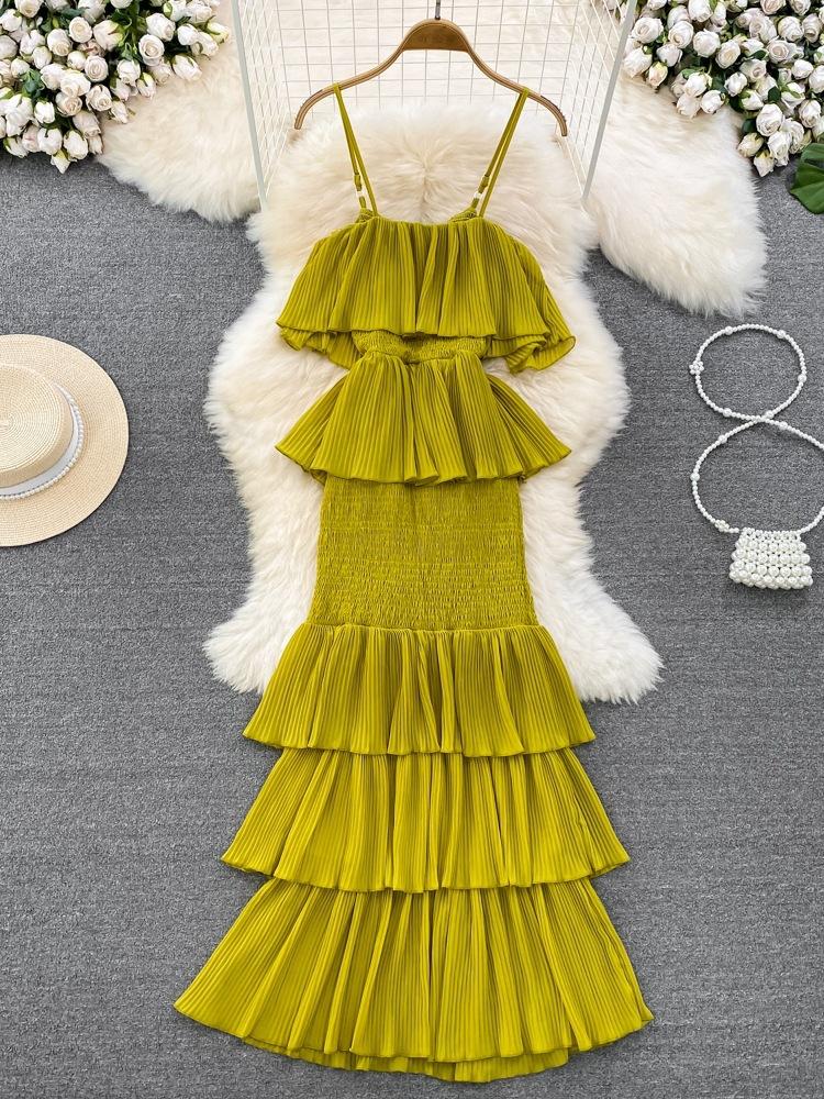 Letní dámské módní šaty na ramínka Sladké bez zad Vysoký pas Nepravidelné A-linie Dortové šaty Plážové šaty na dovolenou u moře