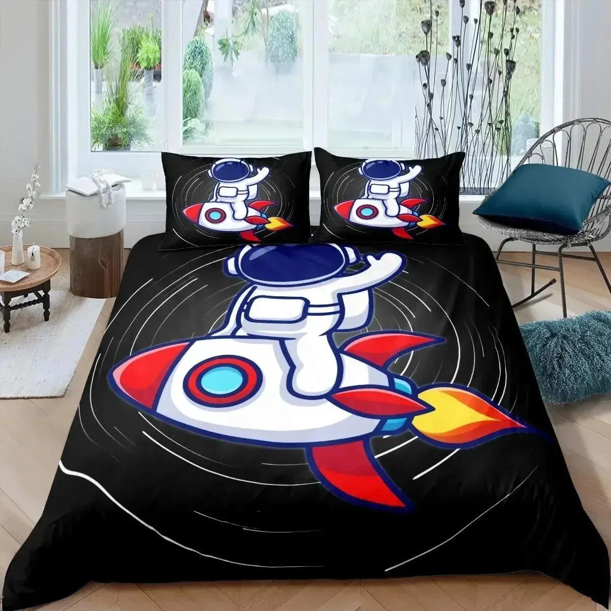 Комплект постельного белья «Ракета» King Size, комплект постельного белья «Космический корабль», микрофибра, космический корабль, звезды, планета, мультяшный стиль, пододеяльник 70x133cm 2pcs