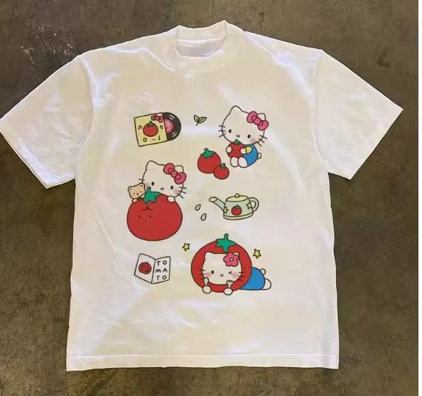 

2026 HelloKitty Sanrio Printed Cotton TShirt Summer Cartoon Design Childrens Roundneck Fashion LooseFitting Casual Wear S