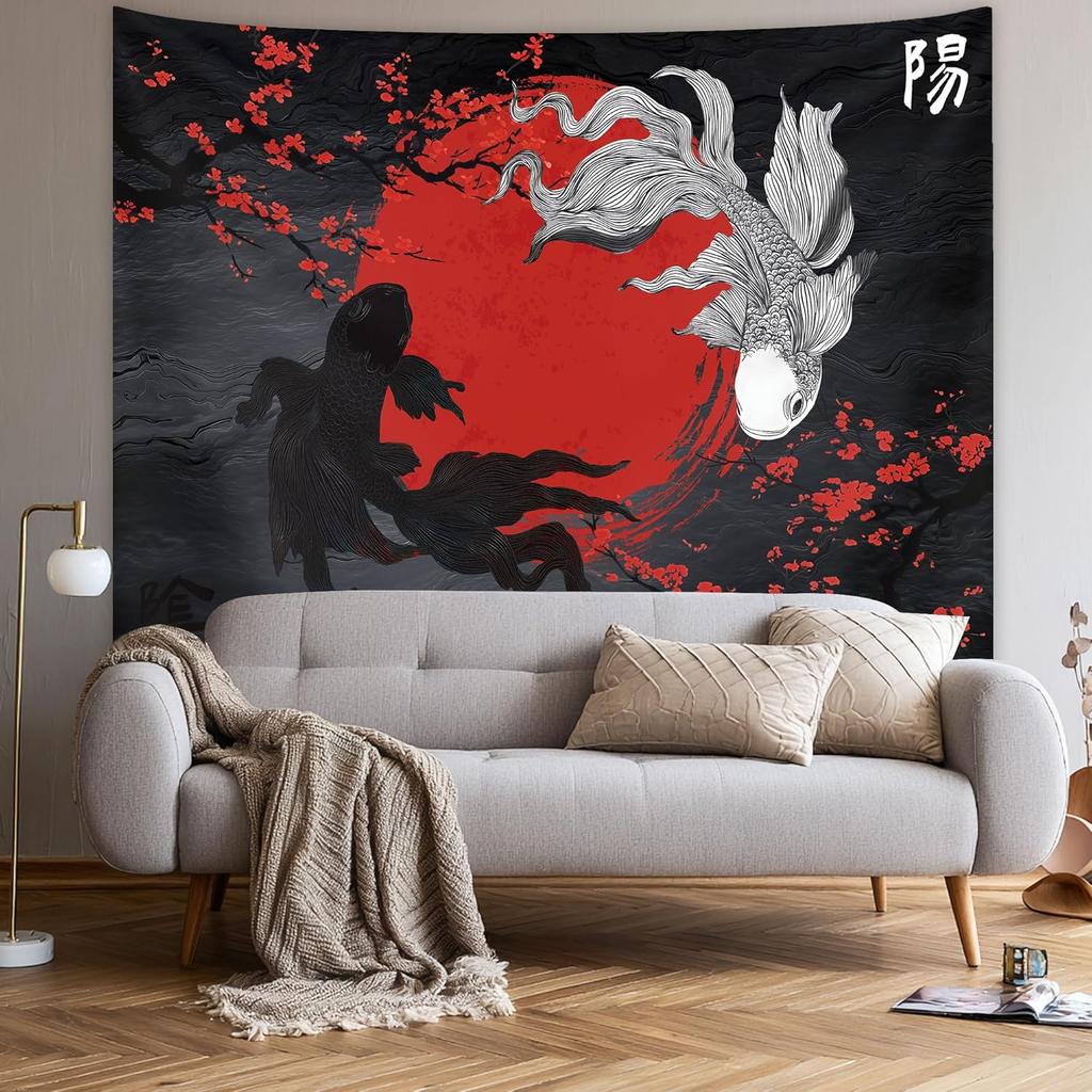 Raoycla Japanese Anime Tapestry, Red and Black Yin Yang Koi Fish Tapestries, Cherry Blossom Cool Asian Mens Masculine Art Tapestry Hanging for