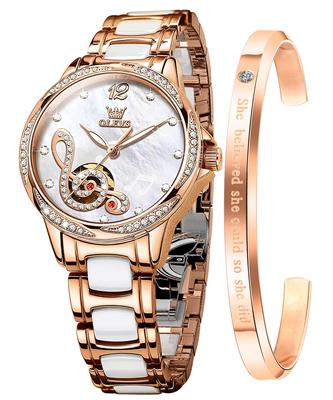 OLEVS Orologio Meccanico a Carica Automatica Ceramica Oro Rosa Cristallo Impermeabile Acciaio Inossidabile Bianco Orologio Bianco da Donna da Donna