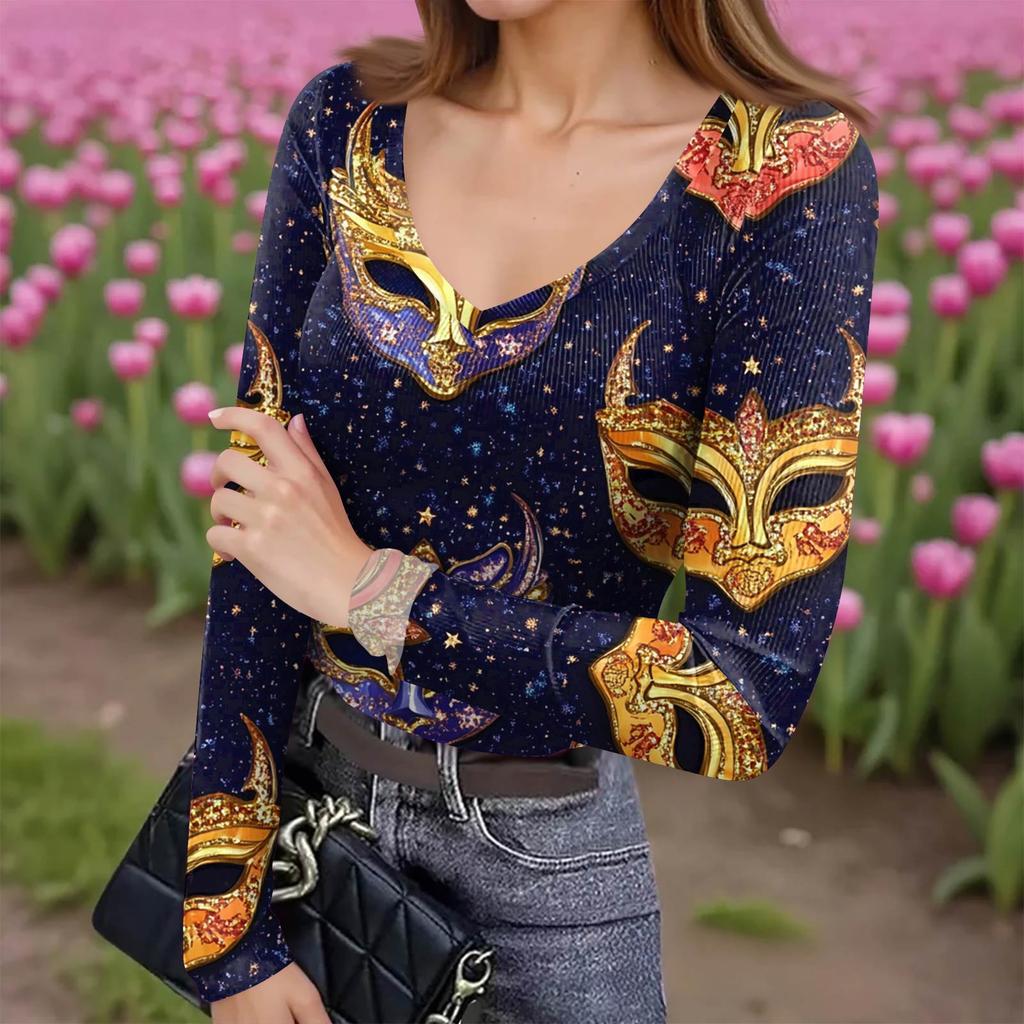 Damen Winter Slim-Fit Baselayer T-Shirt Modischer Druck V-Ausschnitt Pullover Langarm-Oberteil