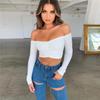 European and American women's clothing bottoming shirt slim-fitting open-navel long-sleeved t-shirt women's design sense one-word shoulder top women's